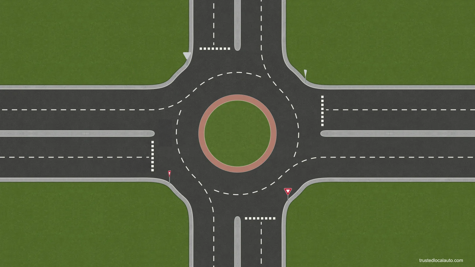 An empty roundabout has a central island, entry markings and approach lanes, with no cars or travel arrows.