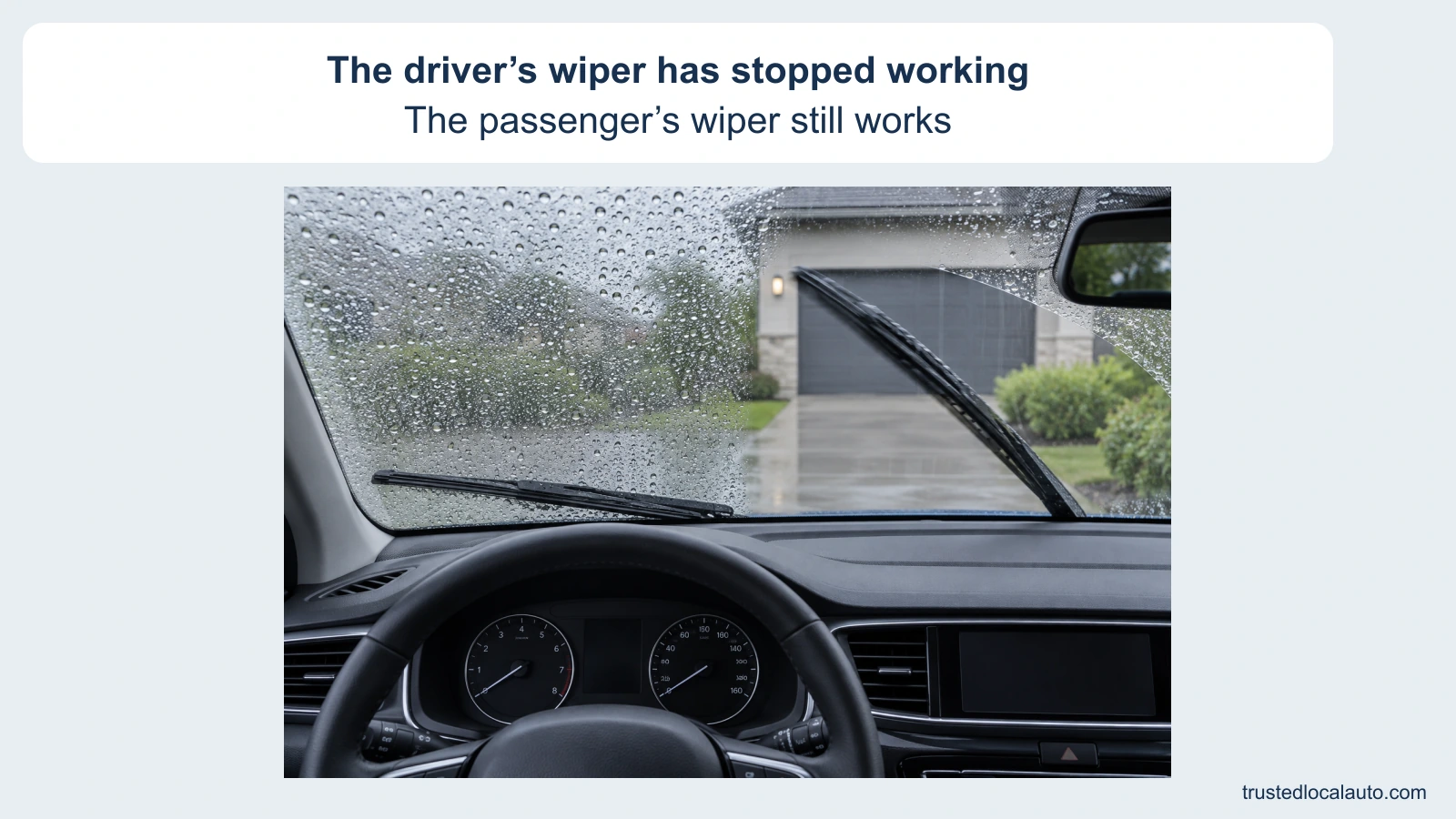 An interior windshield detail shows the driver-side wiper resting while the passenger-side wiper sweeps. Water remains on the glass directly ahead of the steering wheel. This is a stationary component check.