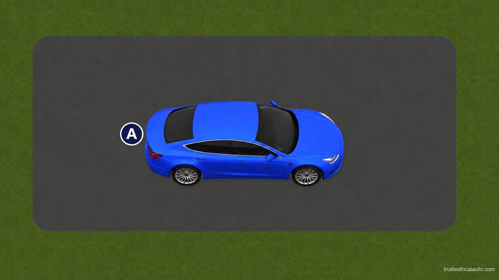 A blue passenger car stands alone on a plain paved patch with no inspection callouts or named responsible person.