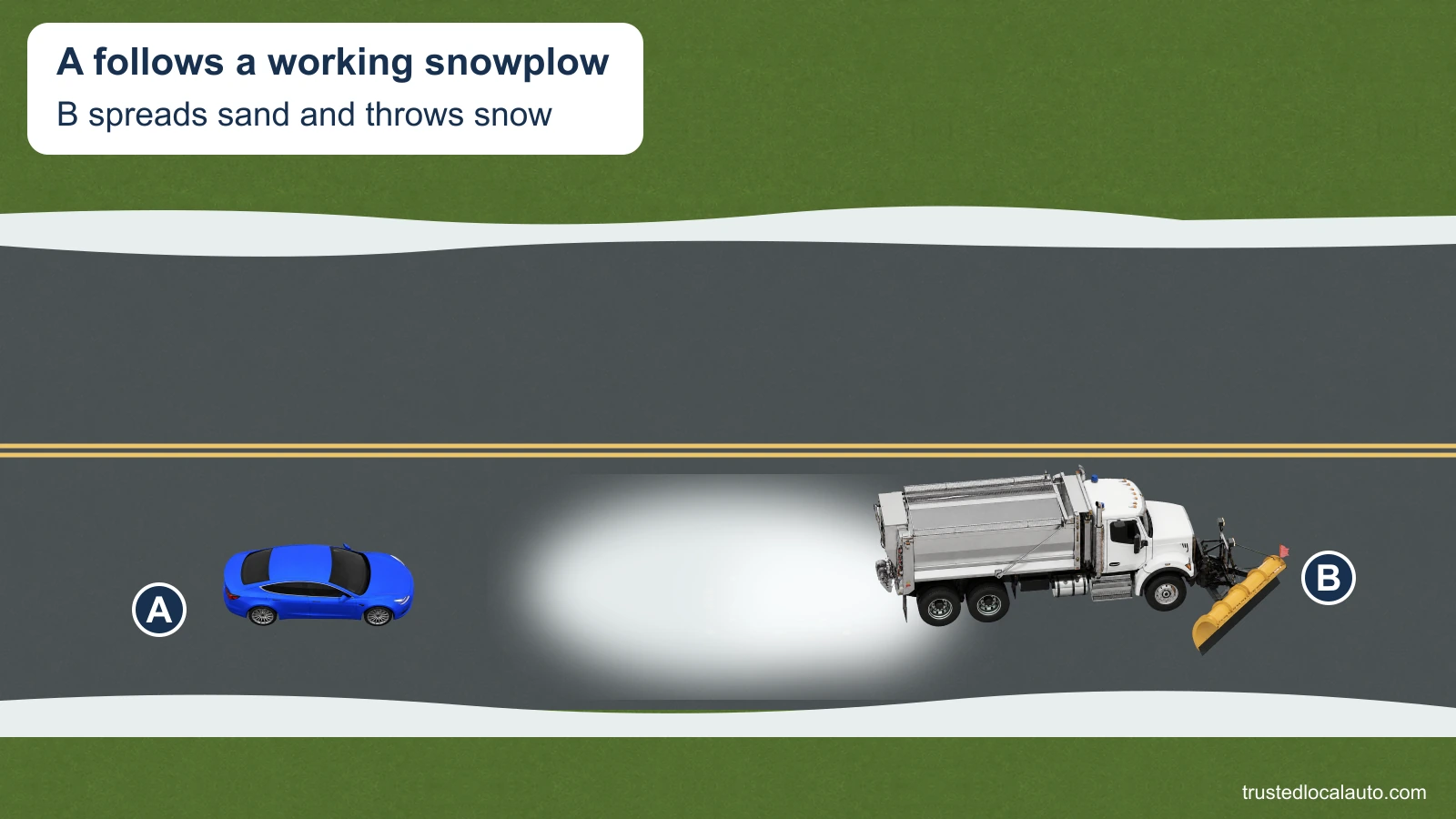 A snowplow spreads sand and produces a snow cloud on a snowy two-lane road. A approaches behind; no following-distance bracket or passing path is present.