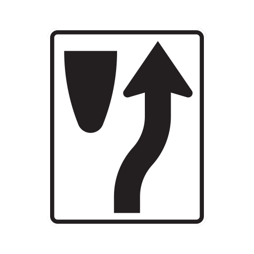White rectangular sign with a black divider at upper left and an upward arrow bending around its right side.