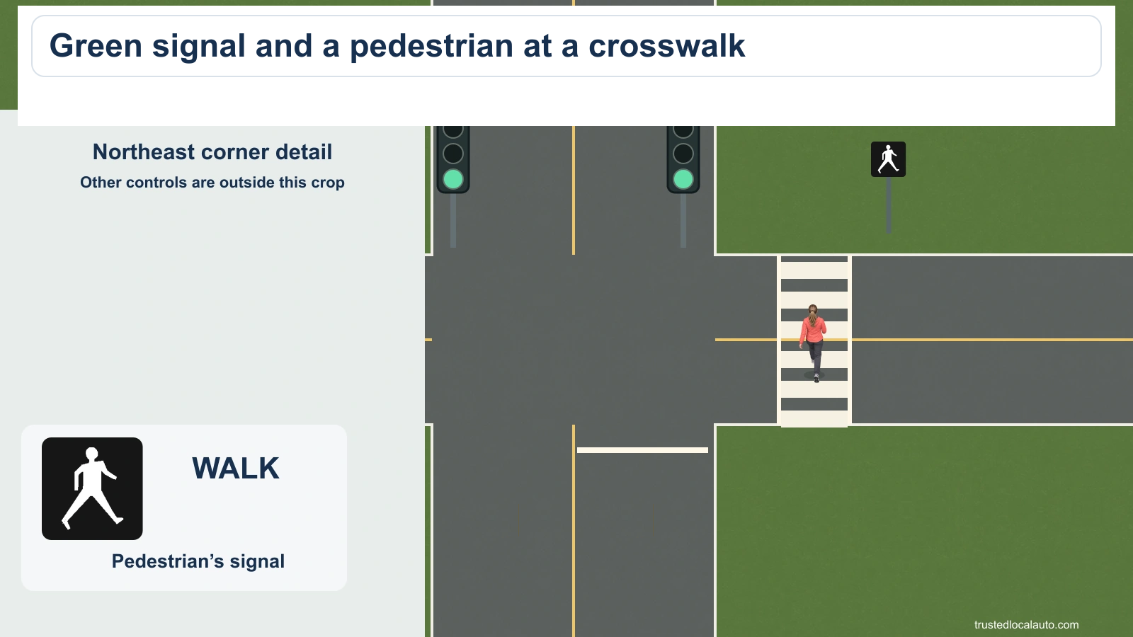 A person is at a striped crosswalk at a junction. A circular signal is green; a separate detail shows a white walking-person symbol.