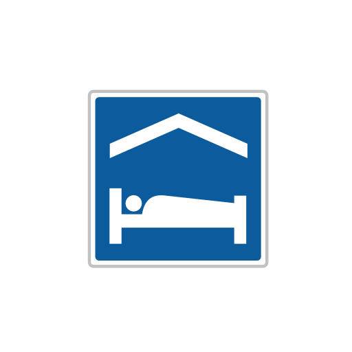 A blue square with a white bed and roof symbol.