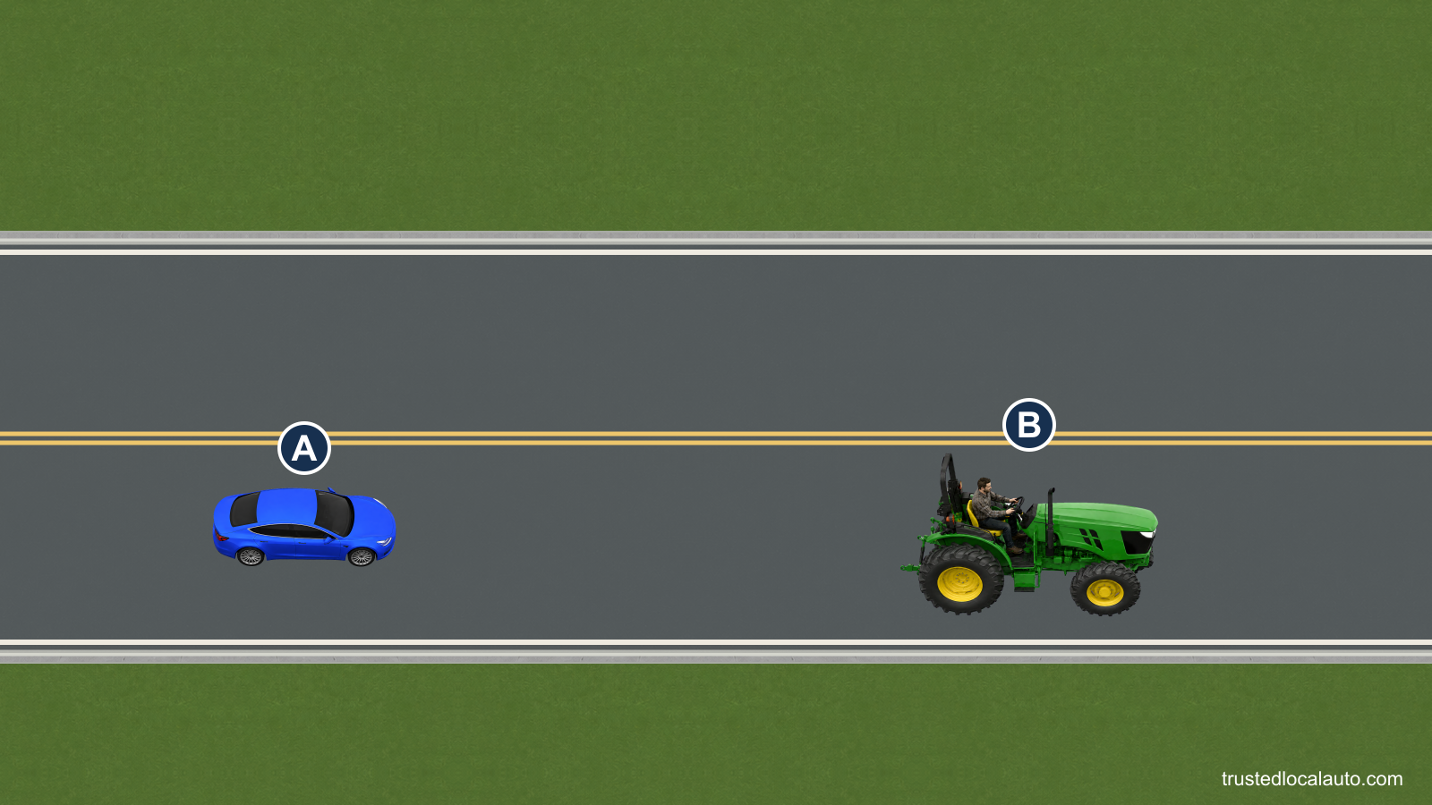 A approaches a farm tractor traveling in the same lane on a two-way road.