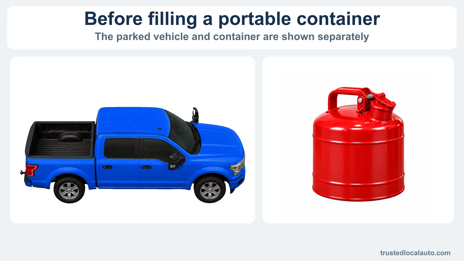 A parked pickup and a closed portable metal fuel container appear in separate illustration panels before filling. The container has not been assigned a filling position.