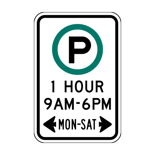A white rectangle shows a black P in a green circle, 1 HOUR, 9 AM–6 PM, MON–SAT, and outward-pointing black arrows.