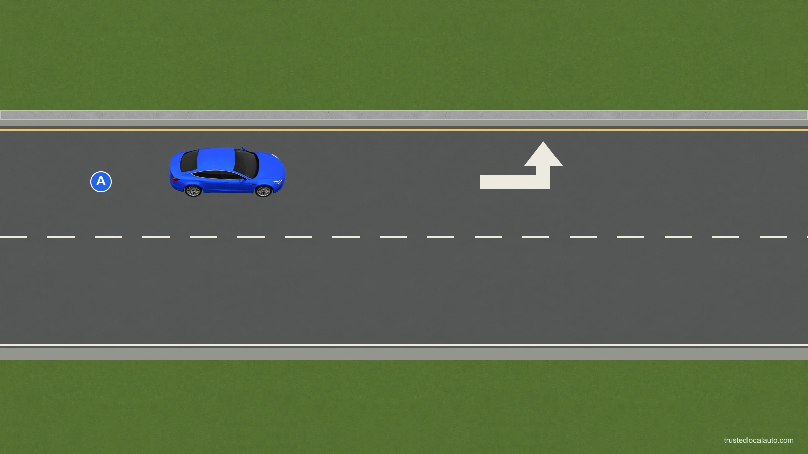 Blue car A is centred in the left lane of a two-lane eastbound approach. A white arrow painted in that lane bends left. The intersection is outside the view.