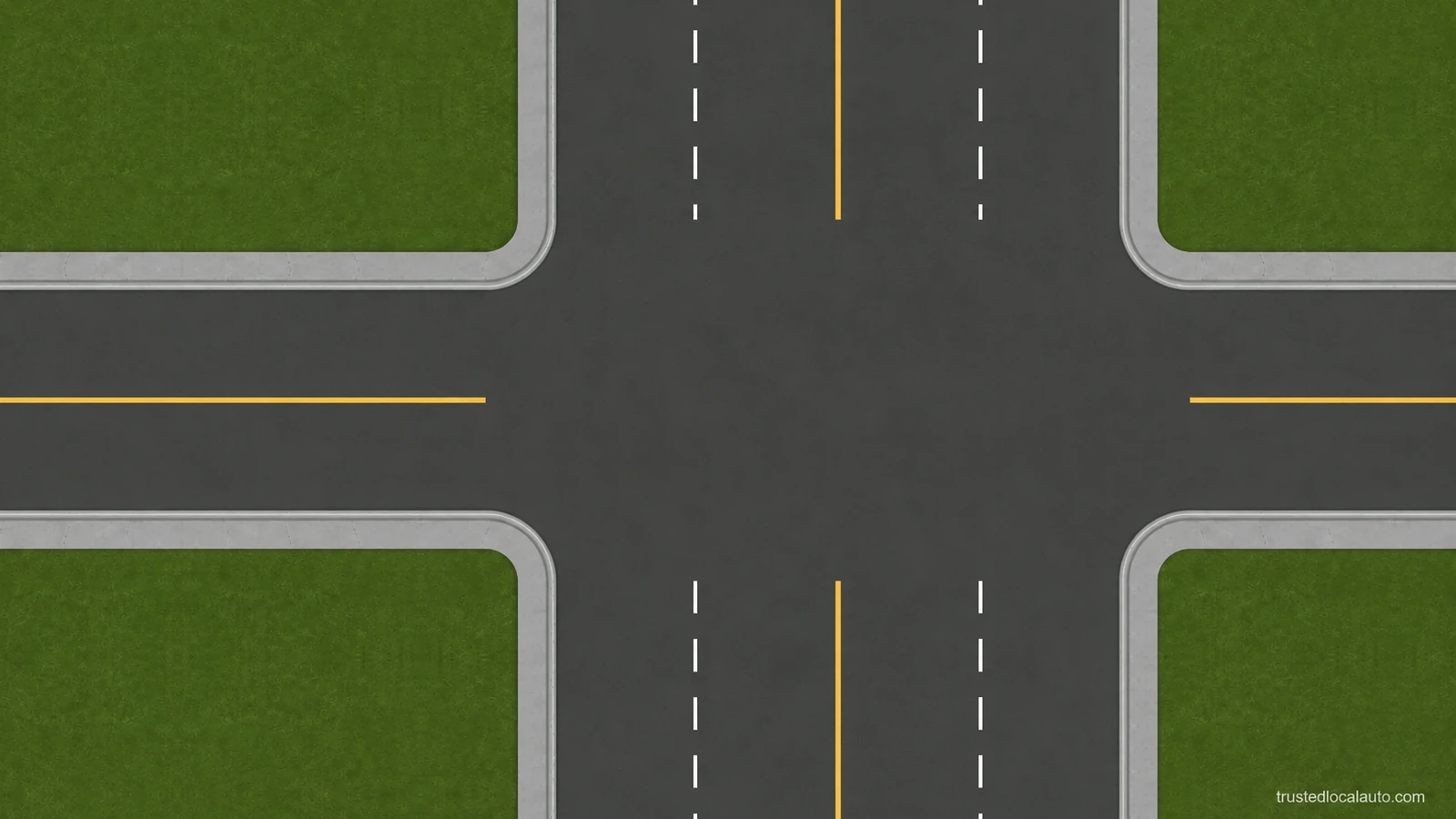 An empty junction joins a two-way road to a road with two lanes in each direction. Center lines, lane dividers, sidewalks and rounded curbs are visible; no car or turn path is shown.