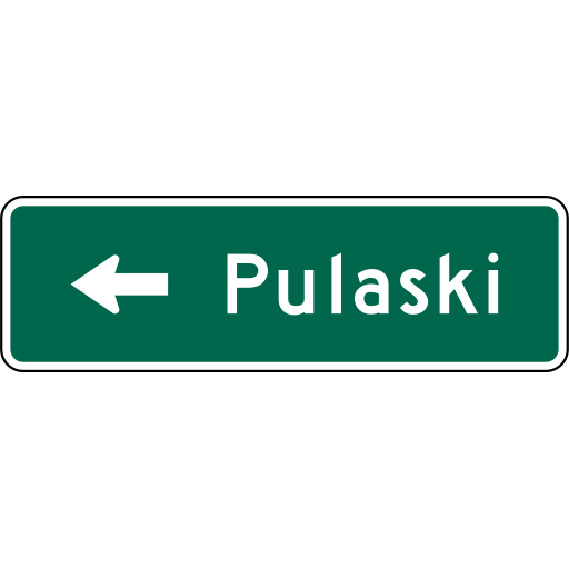 Green rectangular guide sign with a white left-pointing arrow and the destination name Pulaski.