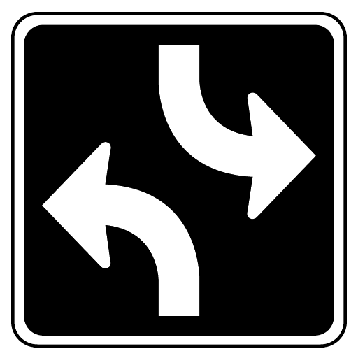 Two white arrows enter a black square from opposite edges and bend left relative to their own direction of travel.
