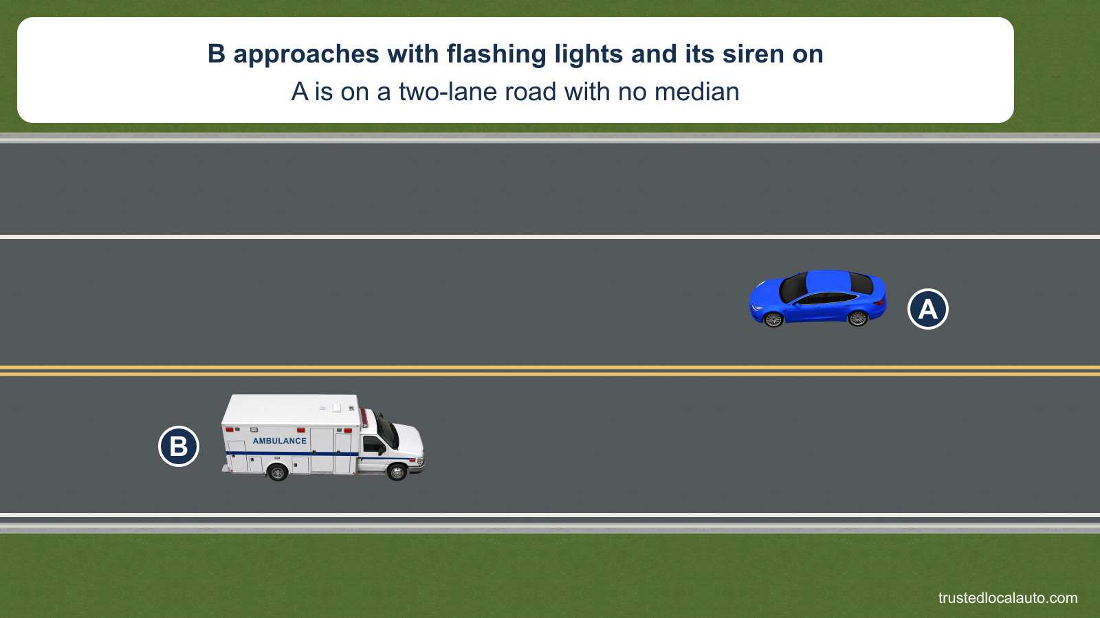 A travels west in the upper lane while ambulance B approaches east in the opposite lane. The card identifies its flashing lights and siren.