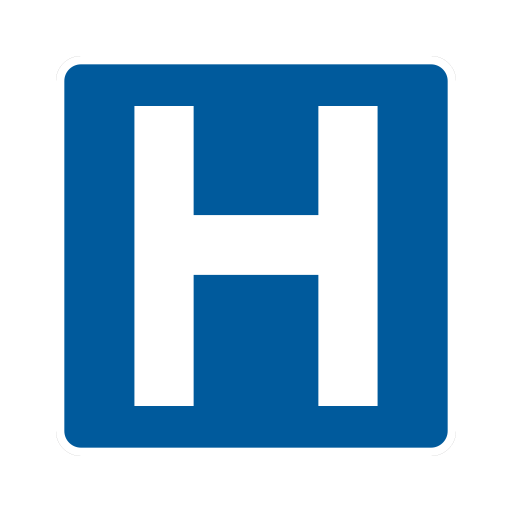 A blue square with a white border contains a large white letter H.