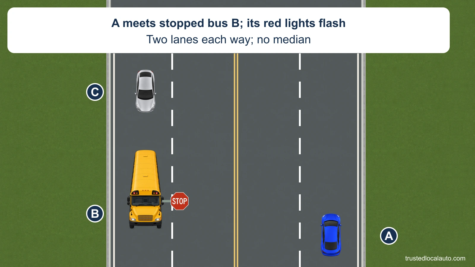 A approaches school bus B in the opposite direction on a highway with two lanes each way and no median. B’s red warning lights are on, and car C is behind B on the bus’s side of the road.
