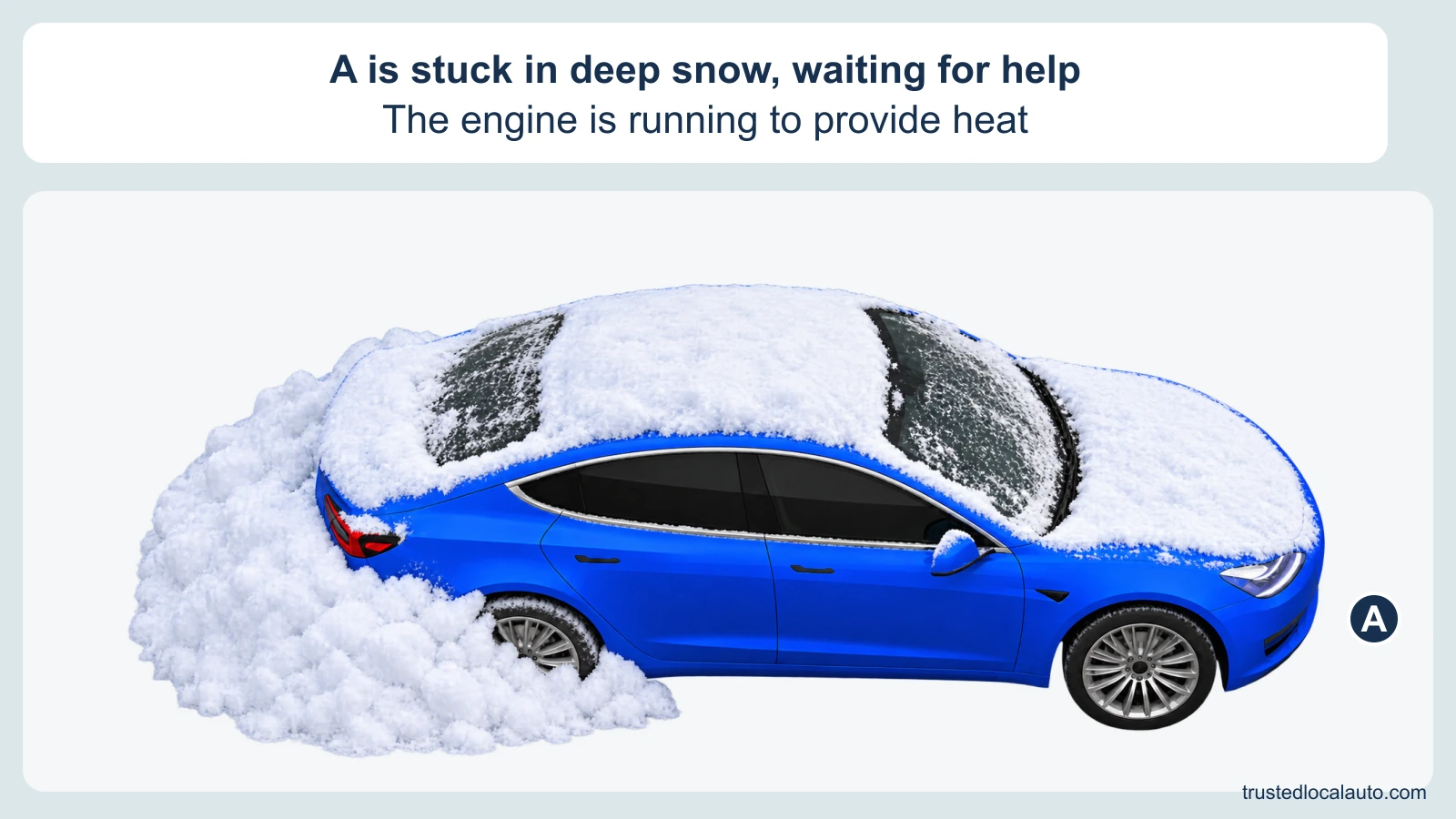 A blue car is stuck in deep snow, with snow piled around its rear bumper and rear wheel. The card states that the driver is waiting for help with the engine running for heat.