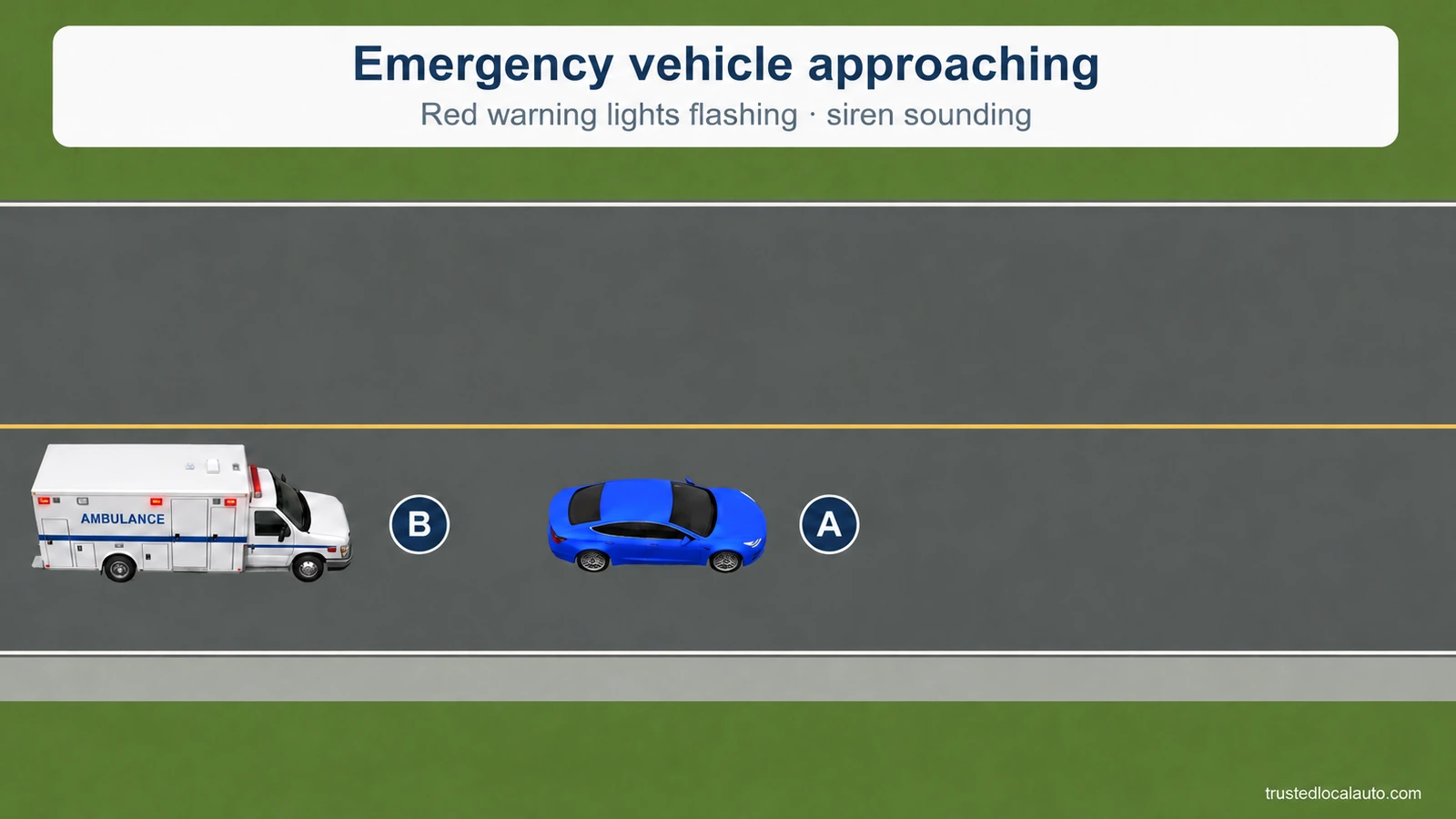 An ambulance B with red warning lamps follows blue A on a straight road; both badges occupy their vehicles' lane.