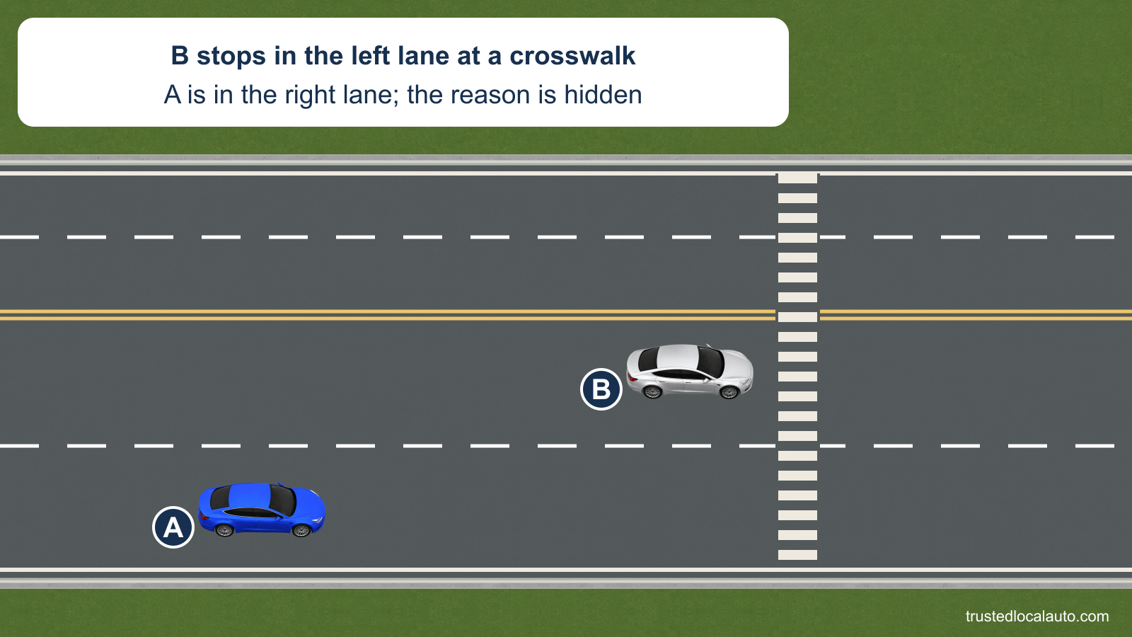 A approaches in the right lane of a four-lane street. B has stopped ahead in the left lane at the marked crosswalk, hiding what may be in front.