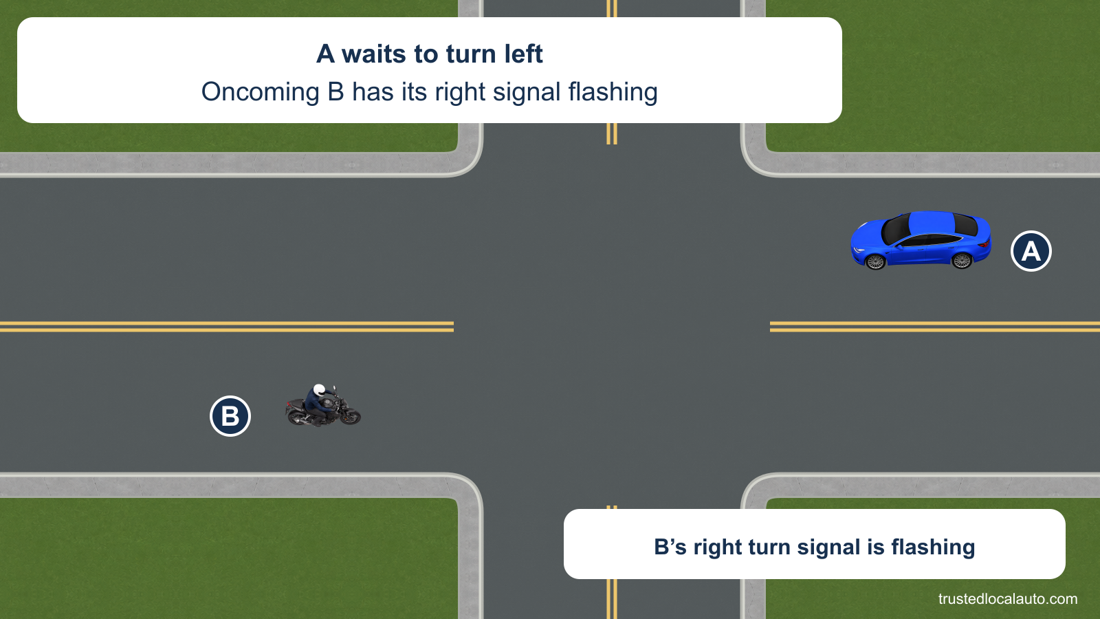 A waits to turn left while an oncoming motorcycle approaches with its right signal identified as flashing.