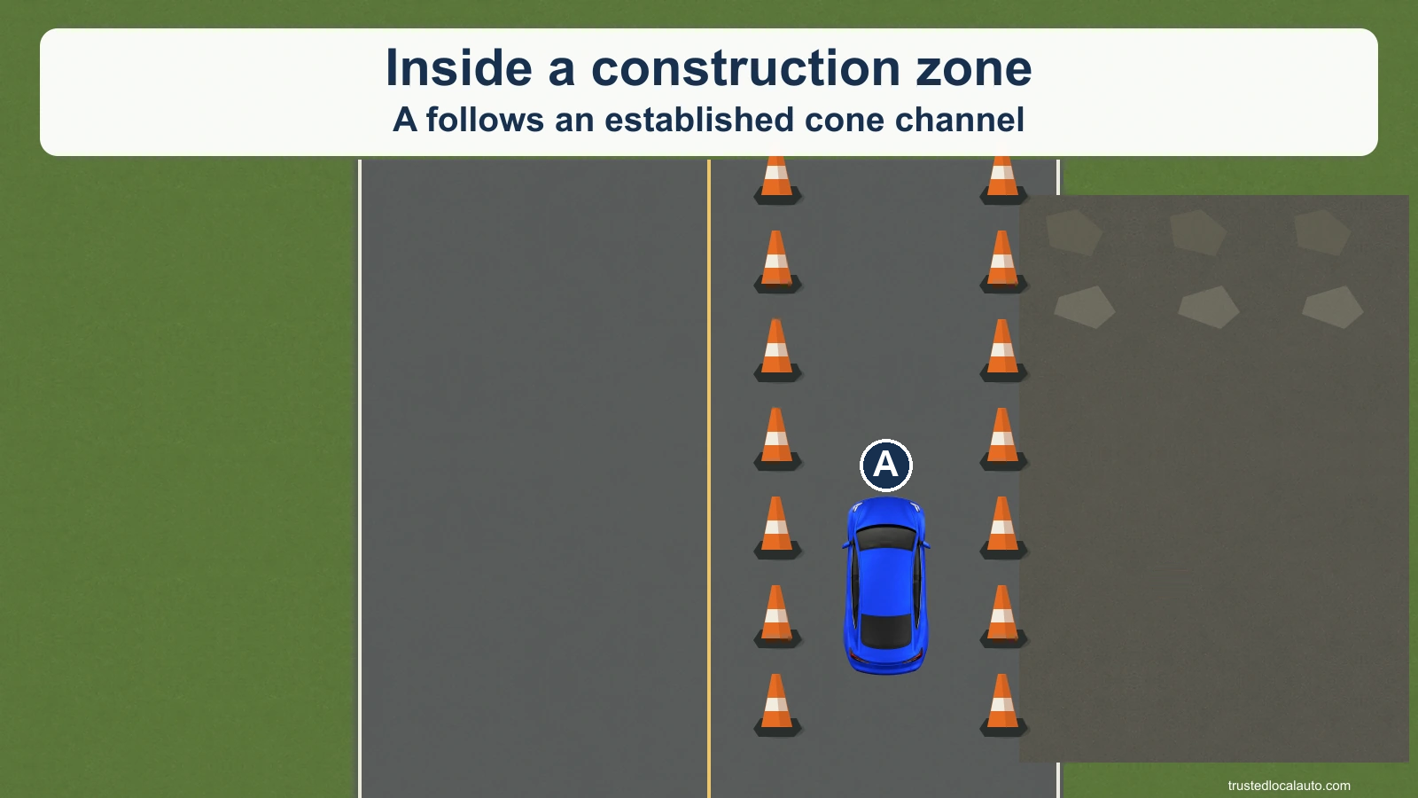 A travels between two rows of cones inside a work zone. The marked channel continues ahead; no flagger is shown.
