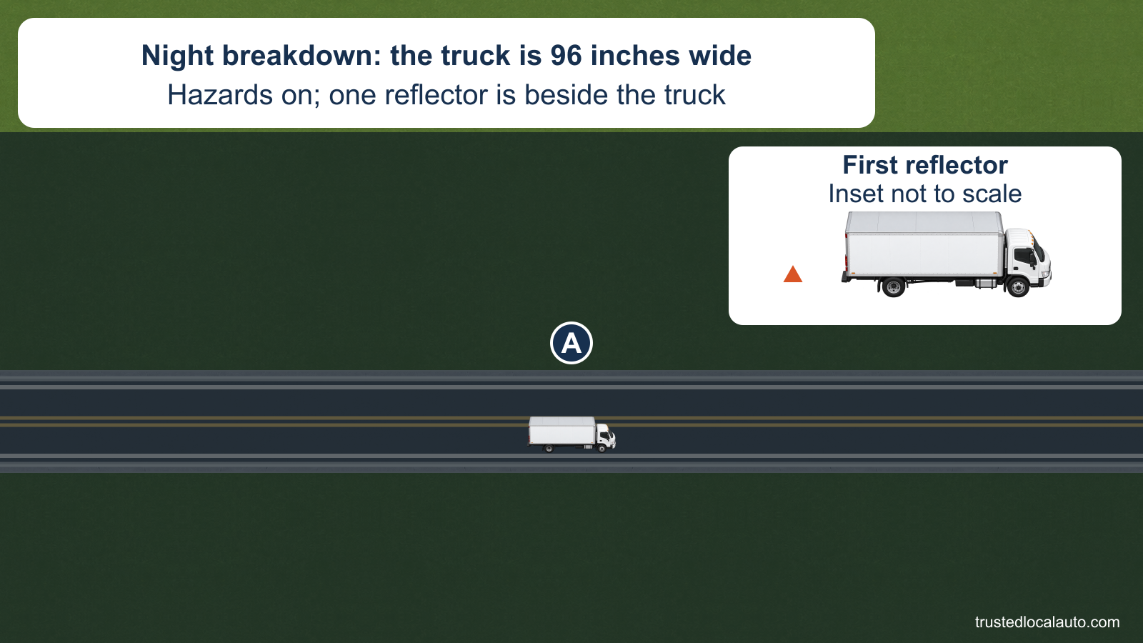 A disabled moving truck stands in its lane on a two-lane rural road at night. A separate first-reflector inset is labeled not to scale; the card states the given 96-inch width and hazard-light use.