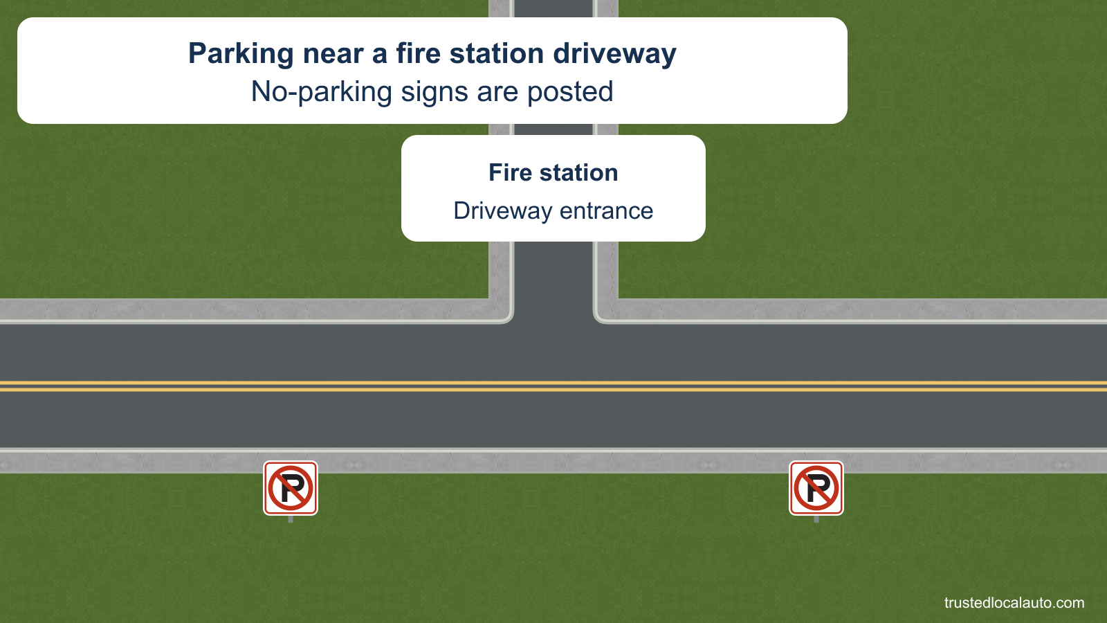 A fire station driveway joins a two-way street. No-parking signs are posted across the street; the entrance edges are visible, with no clearance values in the question.