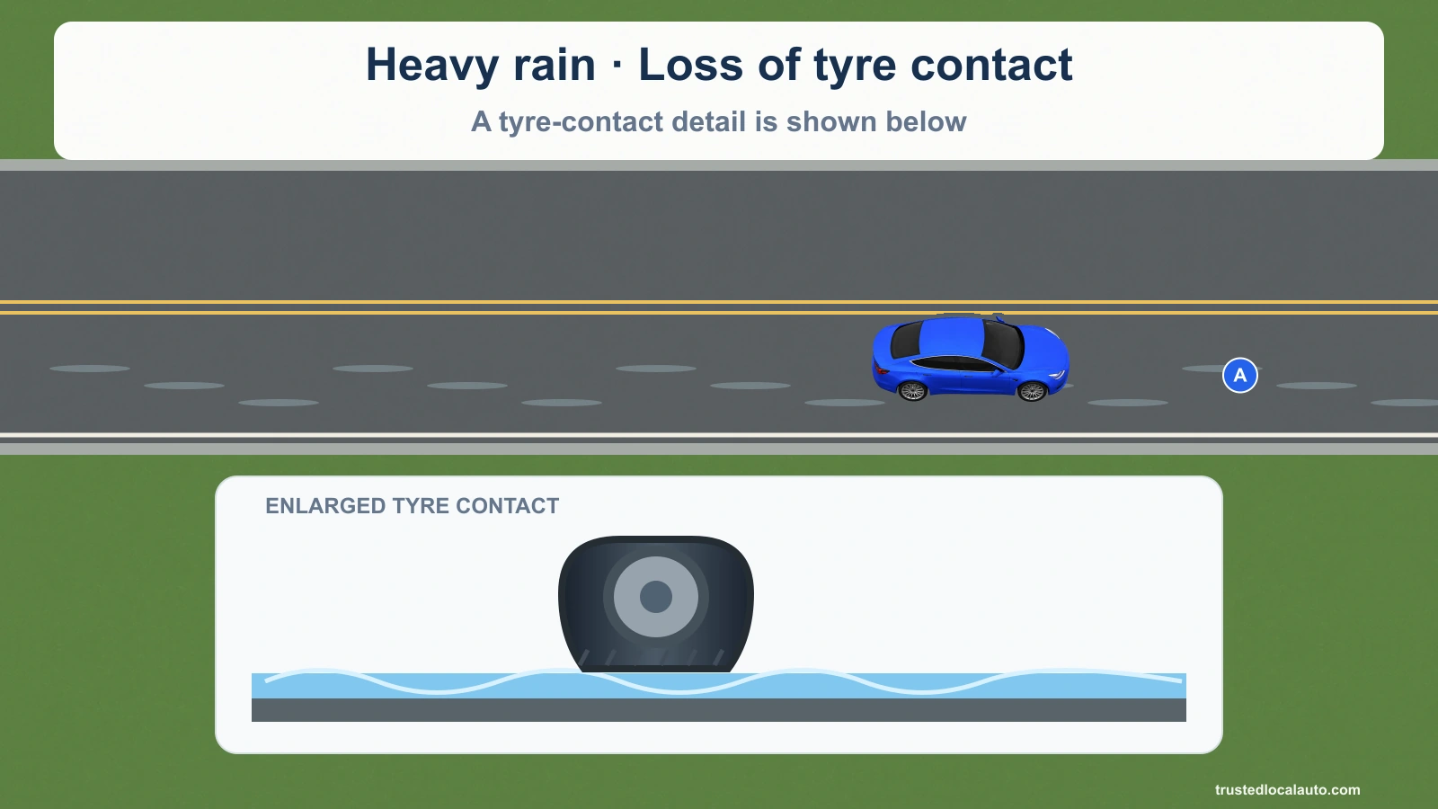 Blue A is on a wet road. An enlarged tire-contact detail shows a water film between the tire and road. The detail has a separate scale. Opposing traffic lanes have two solid yellow lines.
