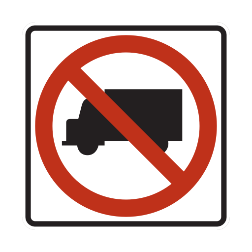 A black truck silhouette on a white square is crossed by a red circle and diagonal slash.