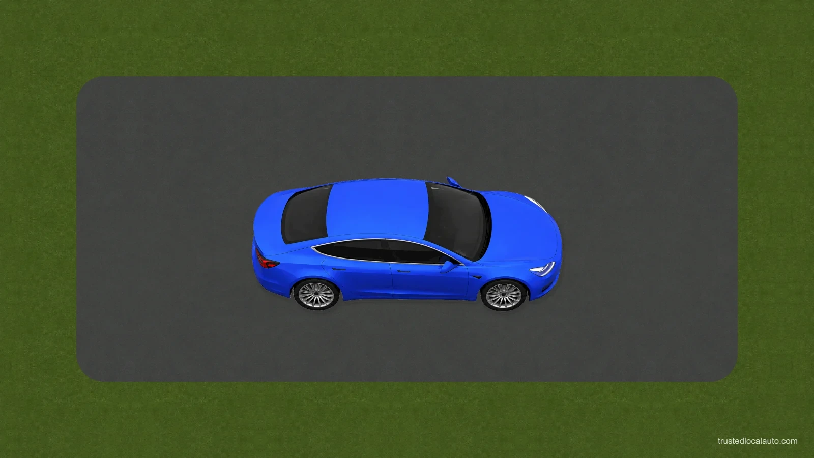 A stationary blue car stands in a parking area with clear space around all four sides. No defect or inspection result is indicated.