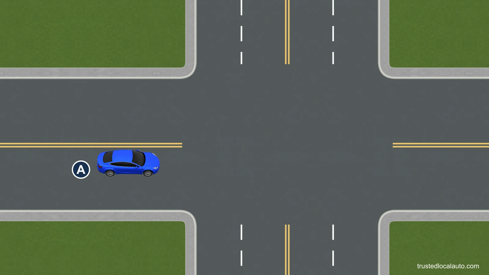 A approaches a left turn from a two-way street. The crossing street has a yellow center line and two lanes in each direction.
