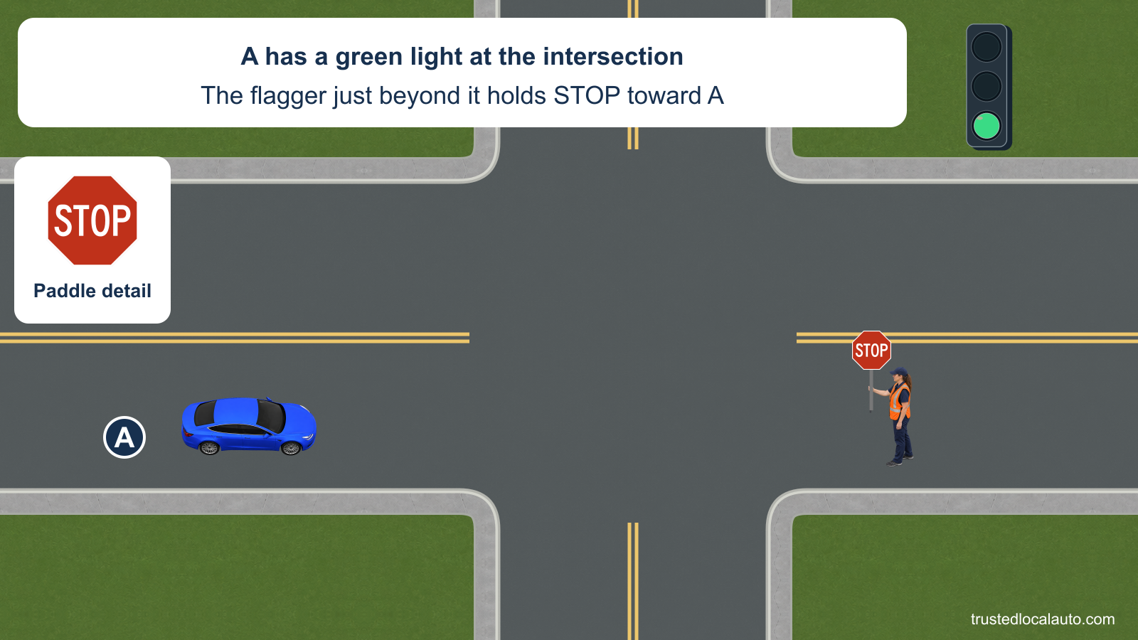 A approaches a green-lit intersection while a flagger beyond it faces A with an exact STOP paddle. A paddle detail enlarges that stated control.