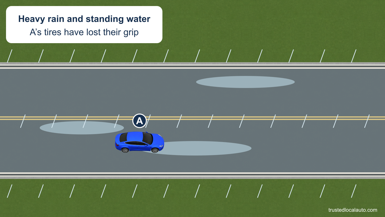 A travels through standing water on a rain-soaked road. The neutral card states that its tires have lost their grip.