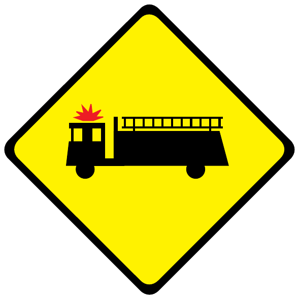 A yellow diamond shows a black side view of a truck with a roof ladder and a red beacon symbol.