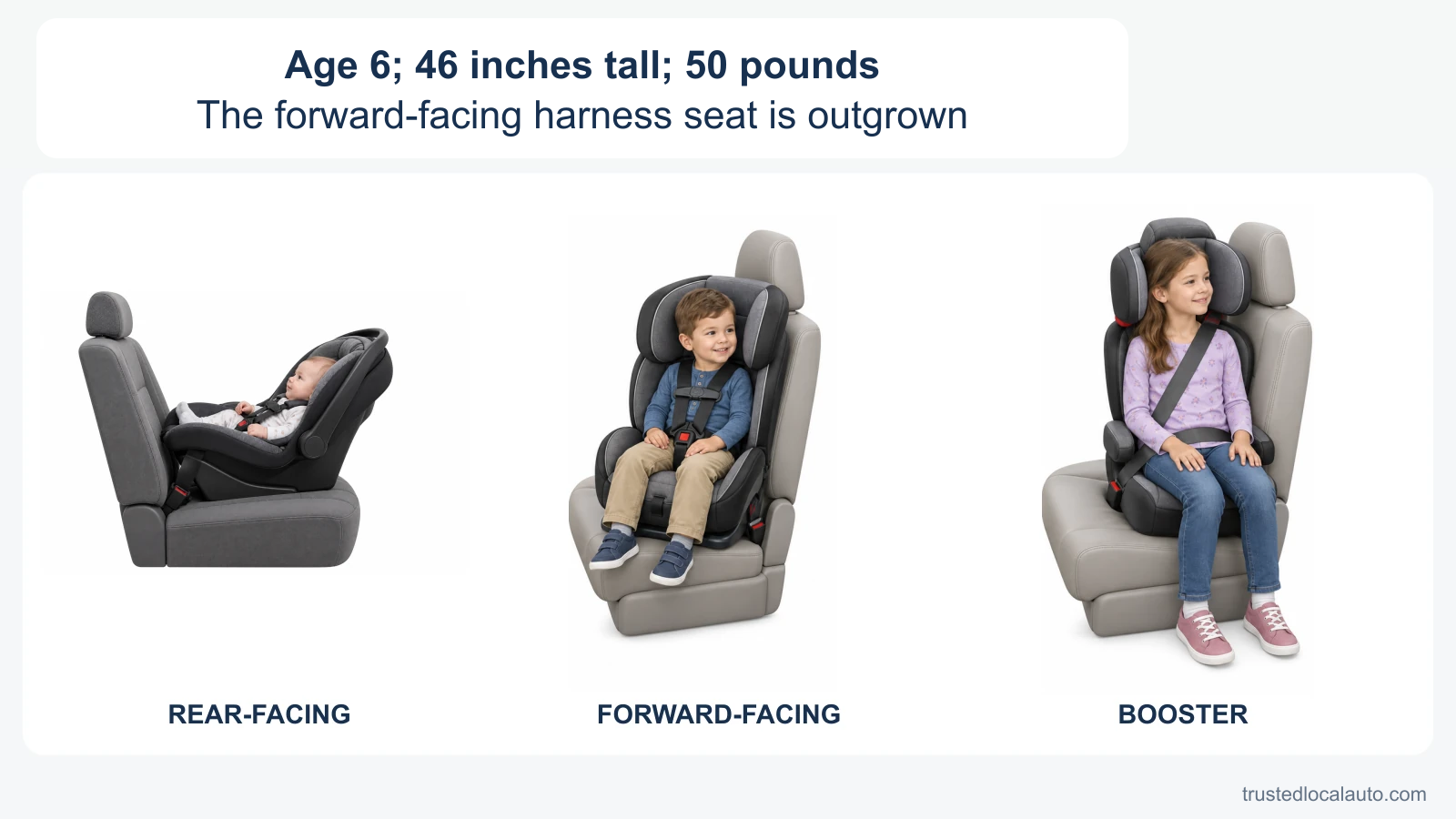 Rear-facing, forward-facing harness and booster restraints appear side by side. The card identifies a 6-year-old child who is 46 inches tall, weighs 50 pounds and has outgrown the harness seat.