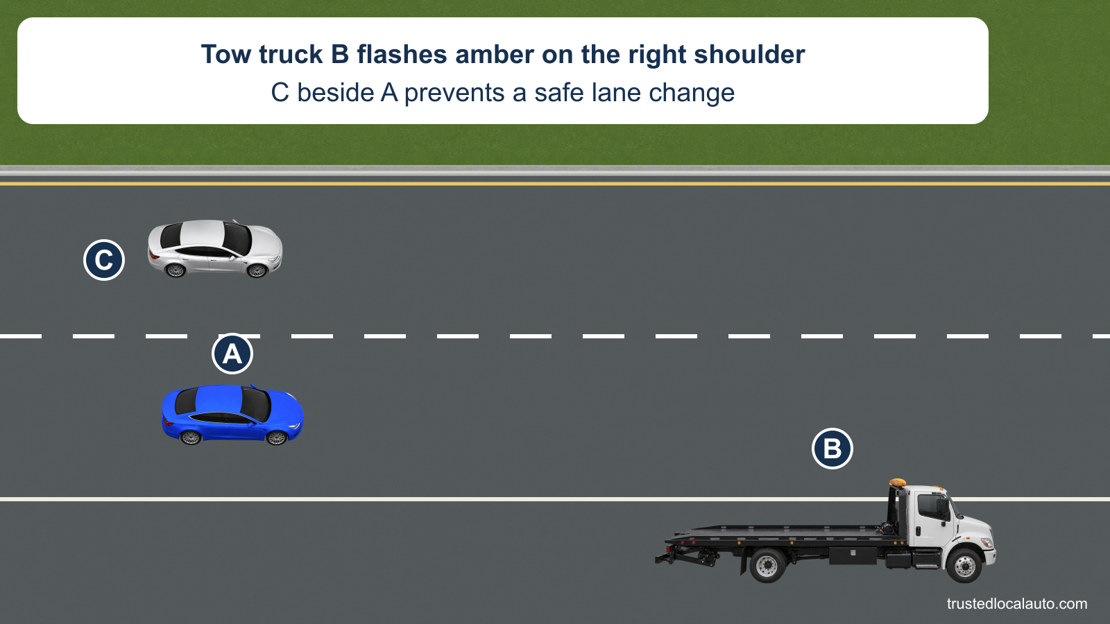 A is in the right interstate lane, with silver car C beside it in the left lane. White tow truck B stands on the right shoulder with amber beacon.