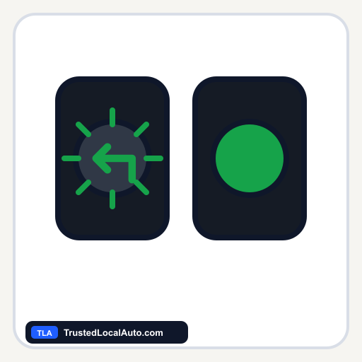 A flashing green left-turn arrow on a dark lens beside a separate steady green circular lamp. Short rays indicate flashing.