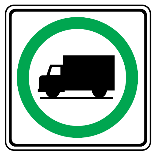 A black truck faces left on a short black ground line inside a green circle, on a white square with a black outline.