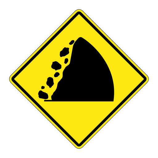 Yellow diamond with irregular black rocks along the left of a black slope on the right.