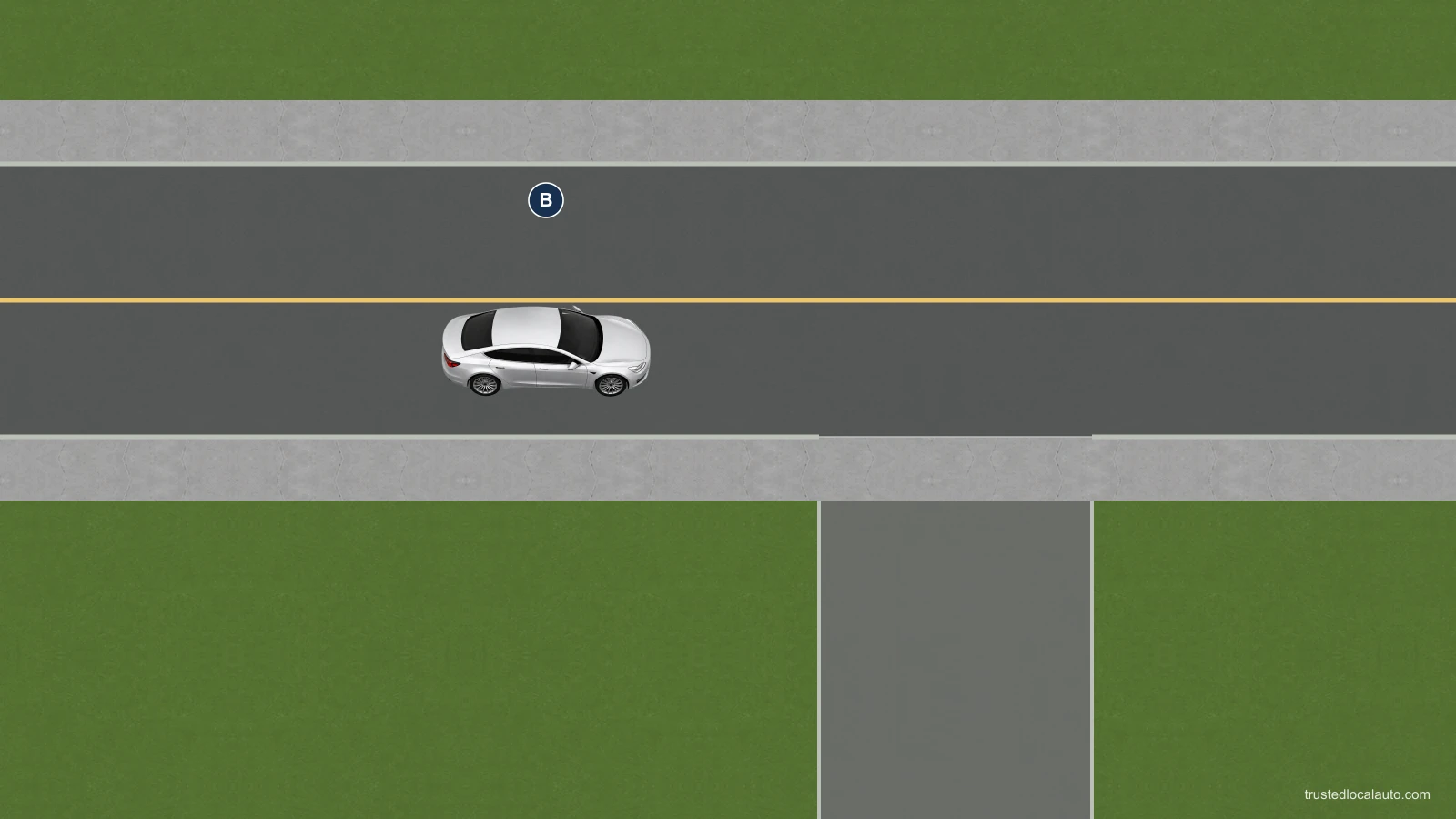 A driveway crosses a sidewalk and joins a two-way road. Silver car B travels along the road; no vehicle is placed on the driveway.