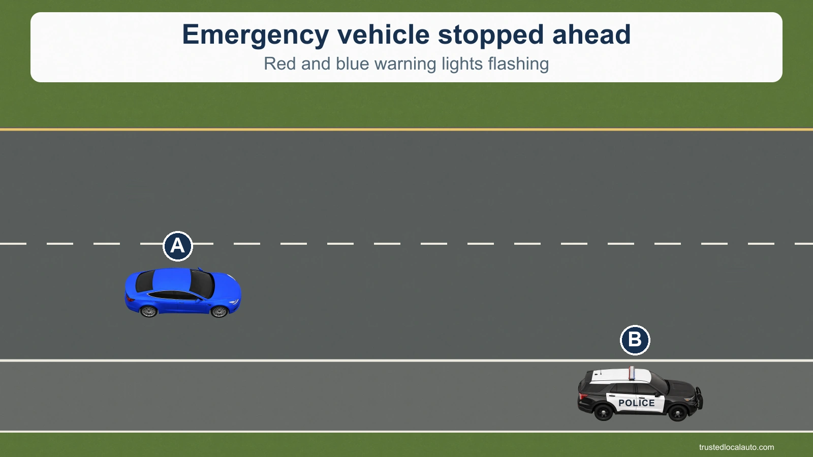 A approaches a stopped emergency vehicle B on the right shoulder. A clear same-direction lane lies to A's left.