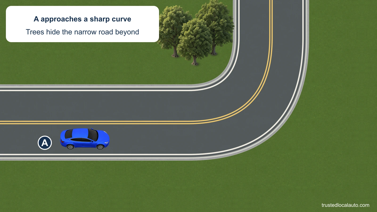 Blue A approaches a sharp curve on a narrow two-way road. Trees stand inside the curve and hide the road beyond. The road has double yellow center lines.