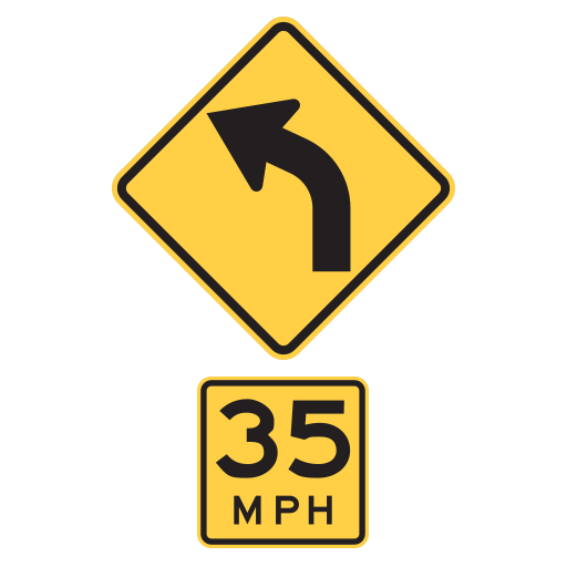 A yellow diamond with a black arrow curving left is above a smaller yellow plate reading 35 MPH.