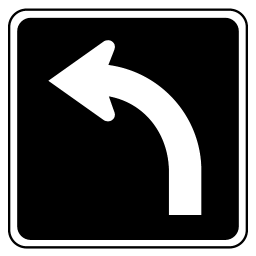 A rounded black square has a white inset edge and one white arrow rising from the lower right before bending left.