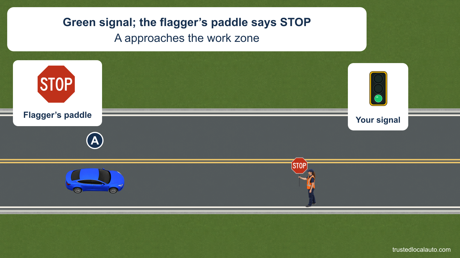 Blue A approaches a flagger holding a STOP paddle toward A's lane. Enlarged details show that paddle and a traffic signal with its bottom green lamp lit. The road beyond the flagger is empty.