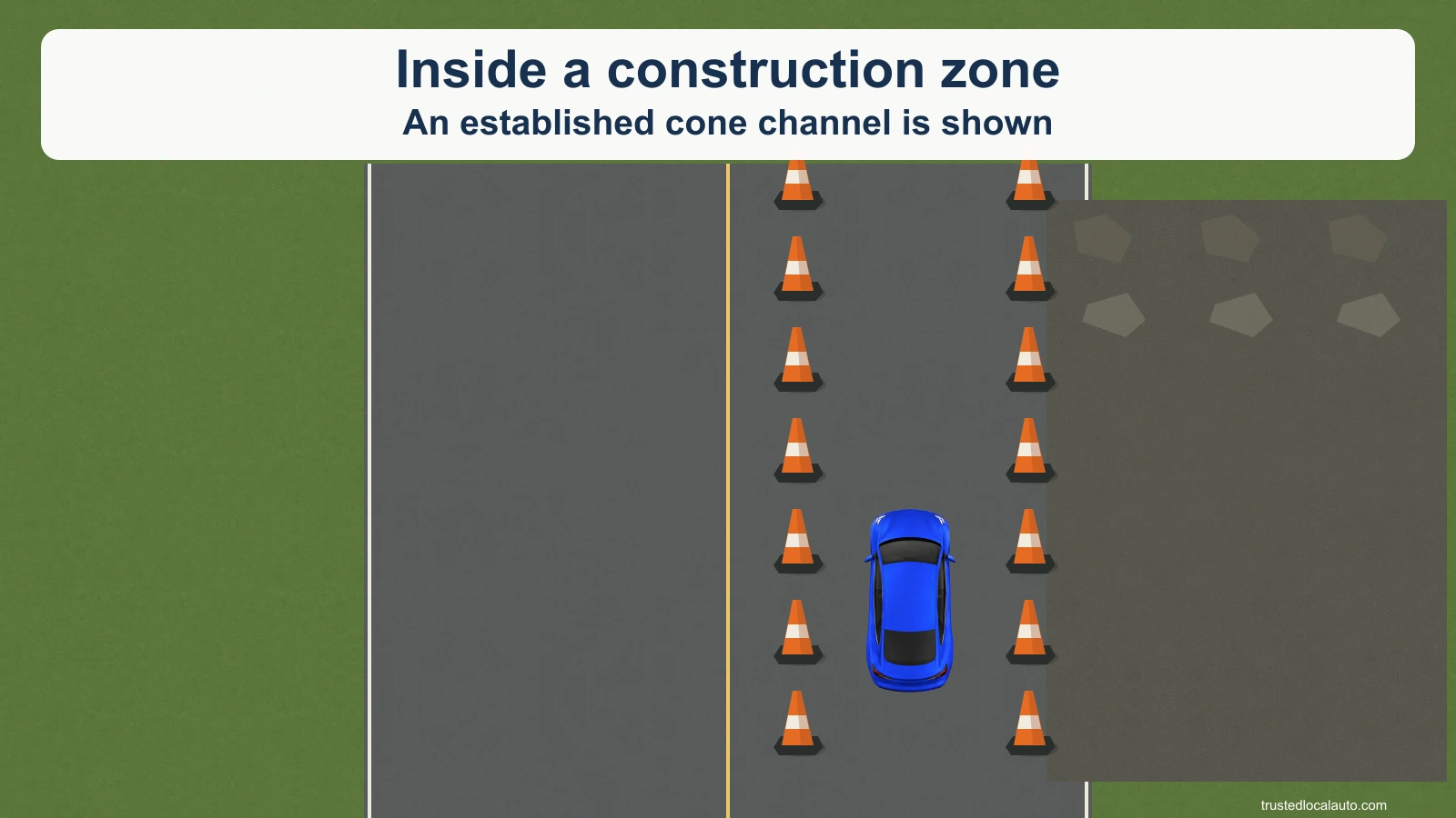 A blue car is inside an established cone channel in a construction zone, with work space to its right.