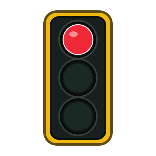 Vertical traffic signal with its top circular red lens steadily illuminated; yellow and green lenses are dark.