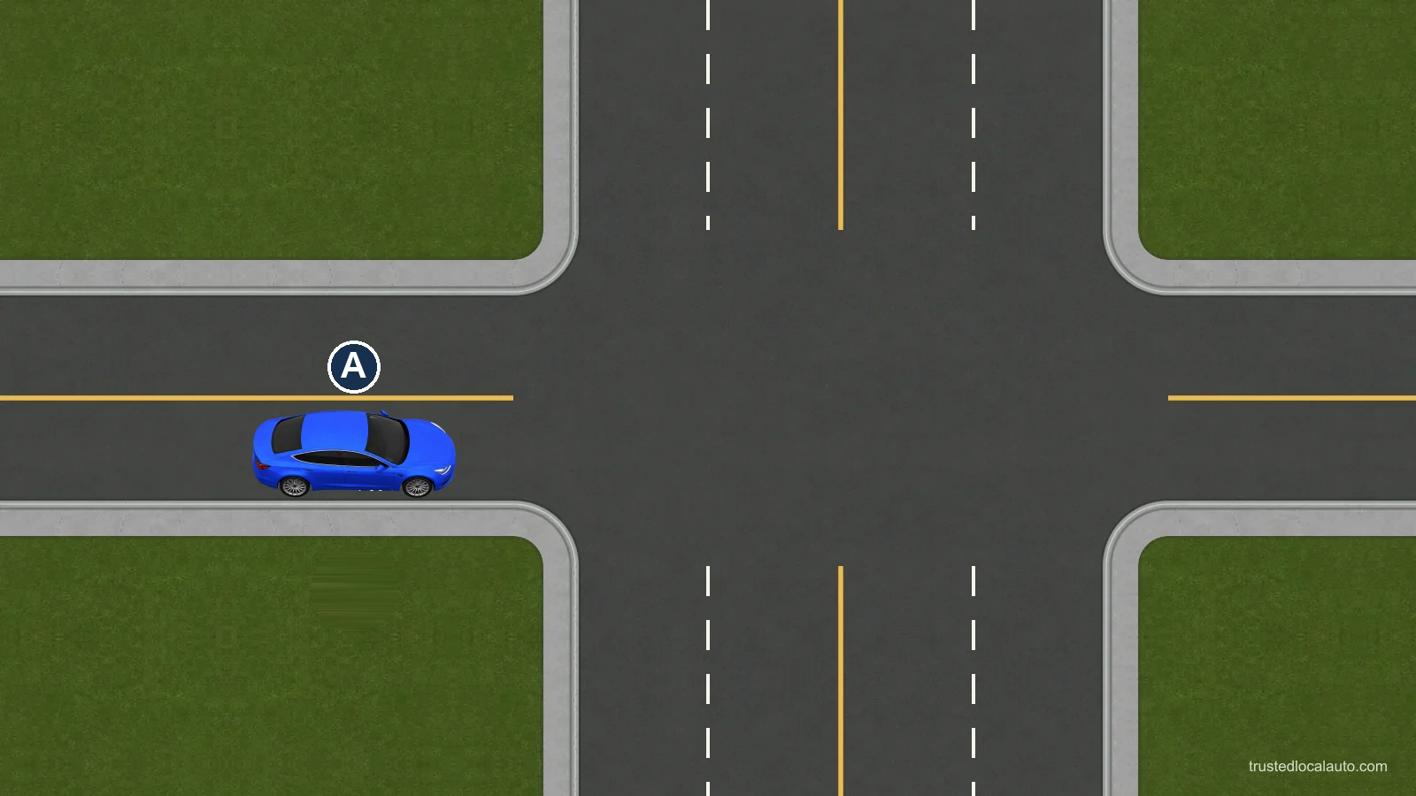 A approaches a left turn on a two-way road. The cross street has two lanes for the direction A will enter.