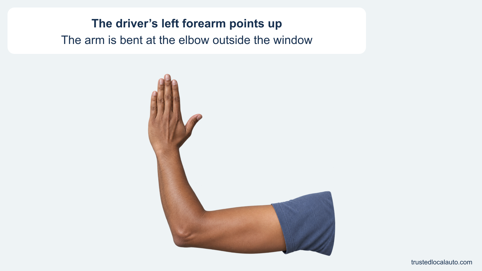 A driver’s left arm is bent at the elbow with the forearm and hand pointing up.