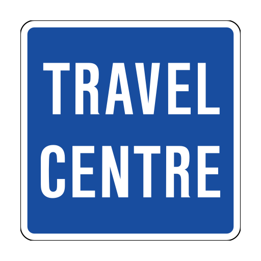 Blue square sign with the white words TRAVEL CENTRE.