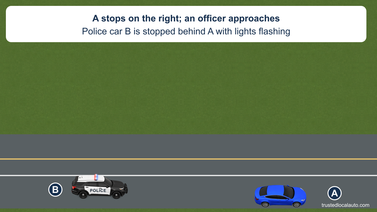 Blue A and black-and-white police SUV B are stopped on the right shoulder facing east. B’s light bar flashes; the card says the officer is approaching. No driver hand or belt response is visible.