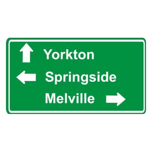 A green rectangle with a white border: an upward arrow beside Yorkton, a left arrow beside Springside and a right arrow beside Melville.