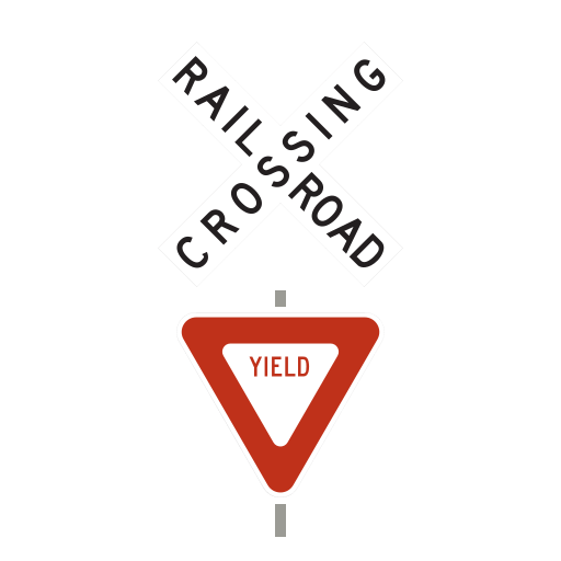An official white RAILROAD CROSSING crossbuck sits above an unchanged official red-and-white YIELD sign. There are no lamps or gates in the assembly.